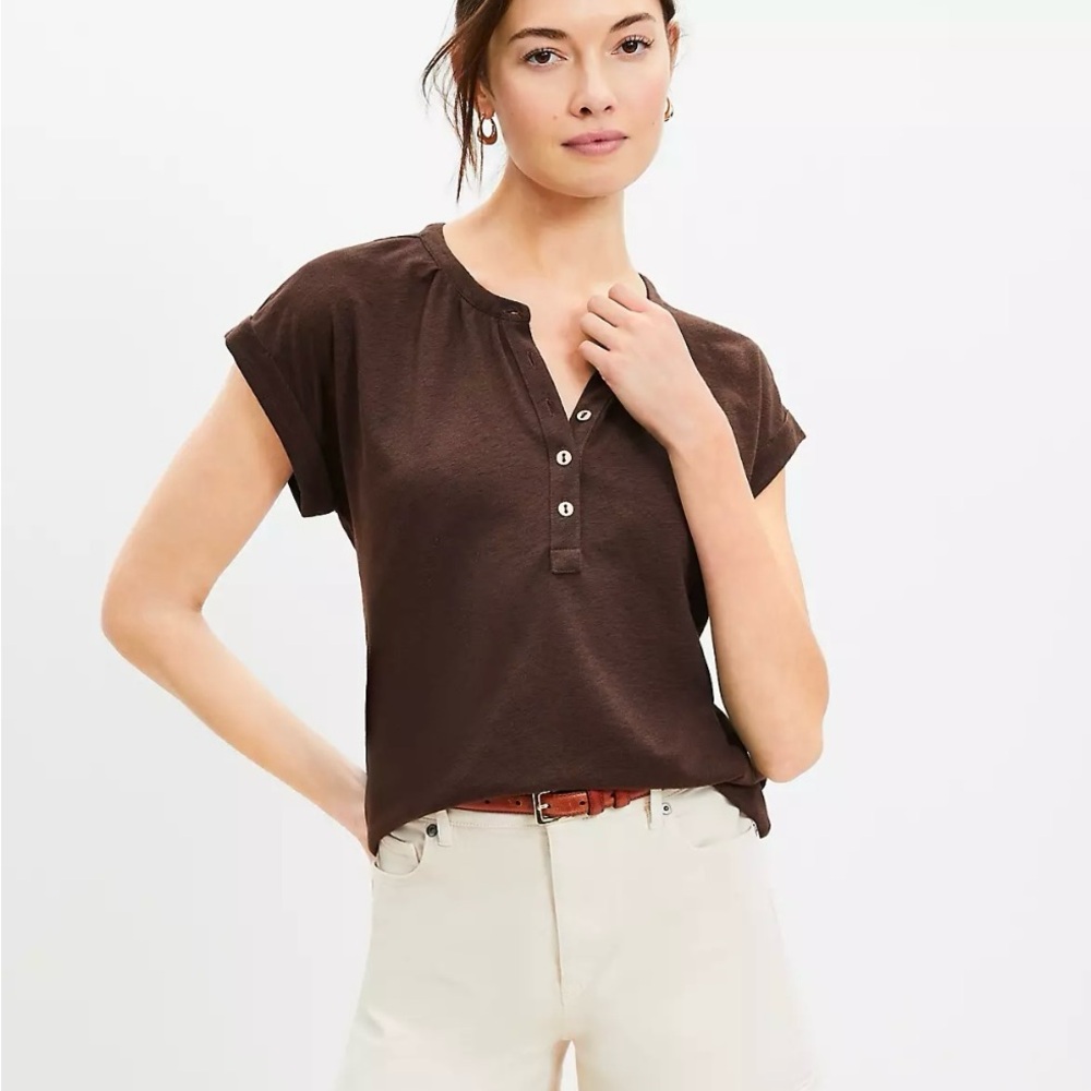 LOFT Brown Short Sleeve Dolman Henley Top